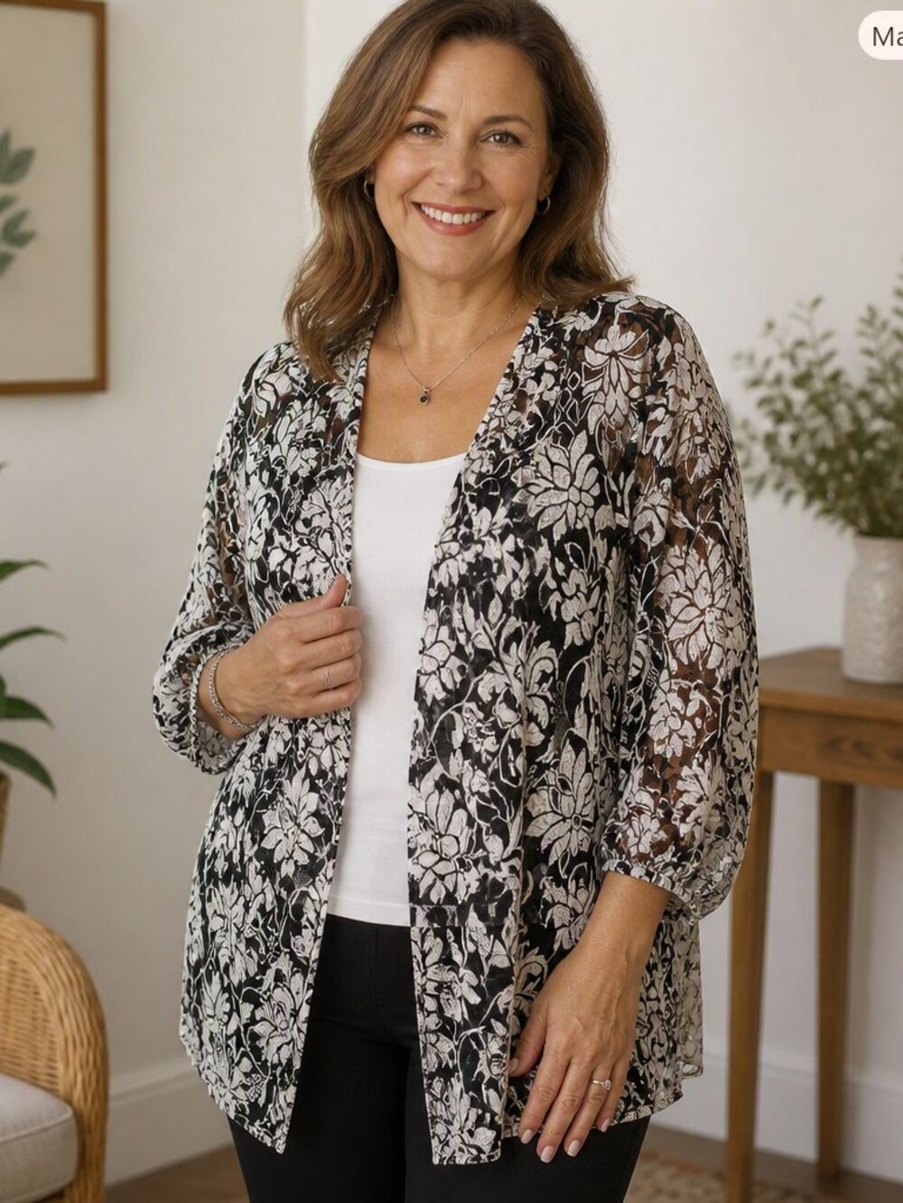 Perceptions NY Black White Floral Lace Open Cardigan Jacket Size 12 EUC